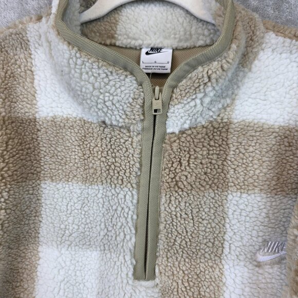 Nike Pullover Mens Large Tan White Plaid Sherpa Fleece Half Zip Checkered Jacket - Picture 3 of 12